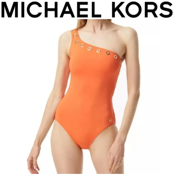 Michael Kors orange women's Grommet One-Shoulder One-Piece Swimsuit size 12 - Picture 1 of 7